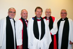 The Ven Barry Dodds, Archdeacon of Belfast, the Rt Rev Alan Abernethy, Bishop of Connor, Dean John Mann, the Rt Rev Harold Miller, Bishop of Down and Dromore and the Ven Philip Patterson, Archdeacon of Down, at the installation of the new Dean of Belfast.